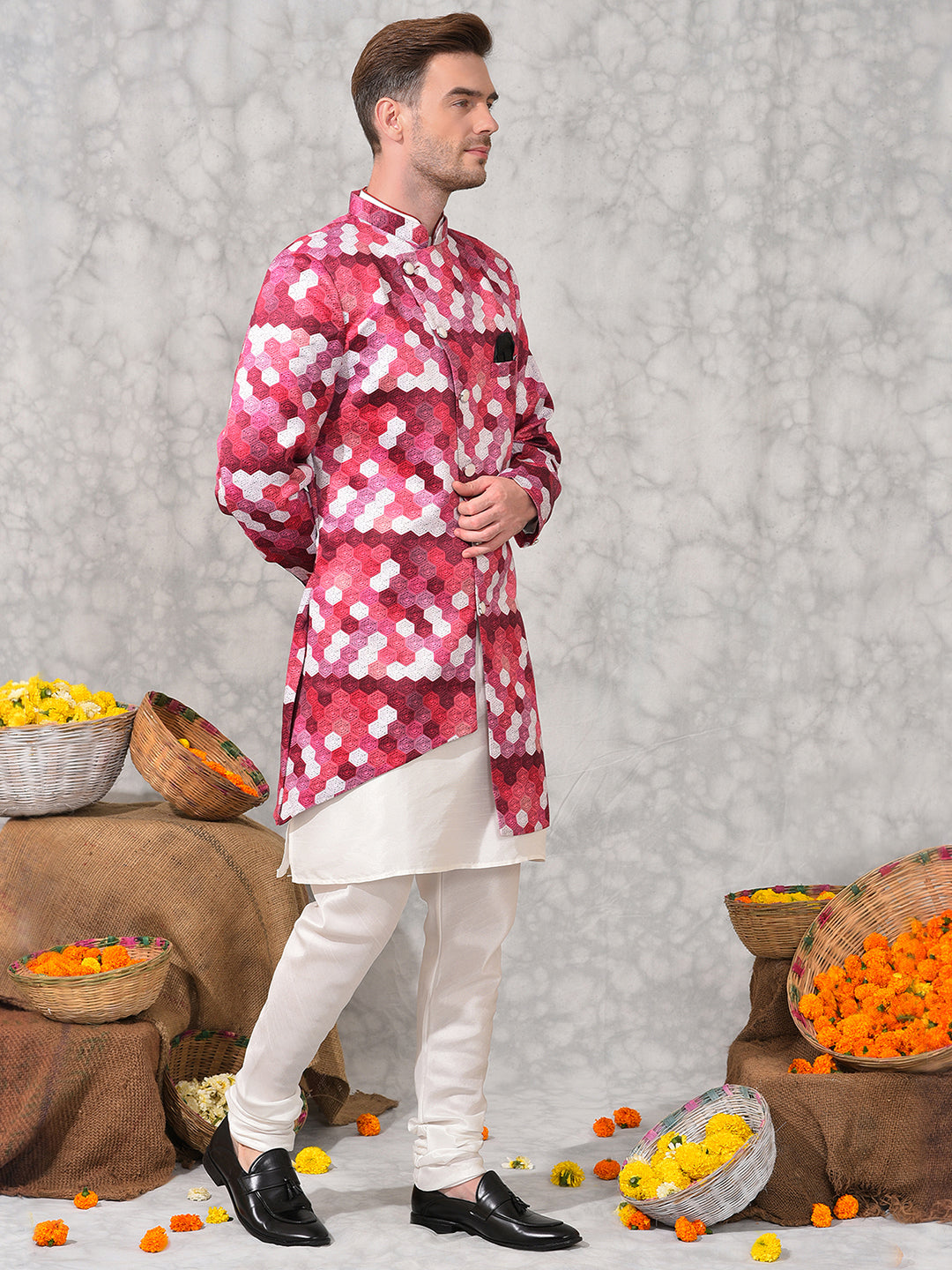 Hangup Men's Ethnic Indo Sherwani with Kurta Pyjama Set