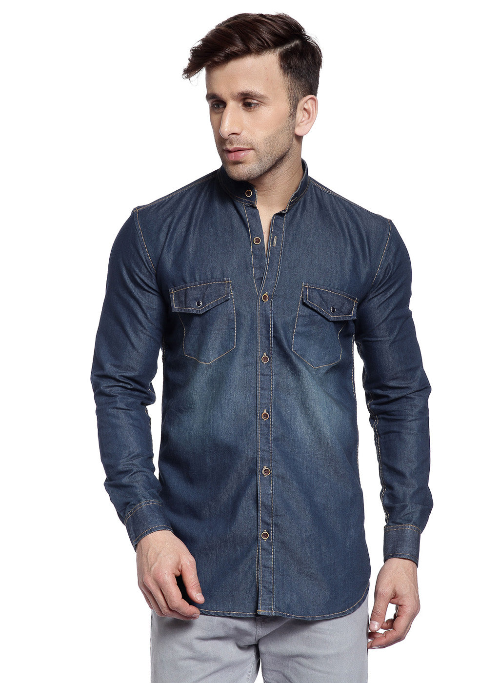 Hangup Men's Casual Solid Denim Shirt