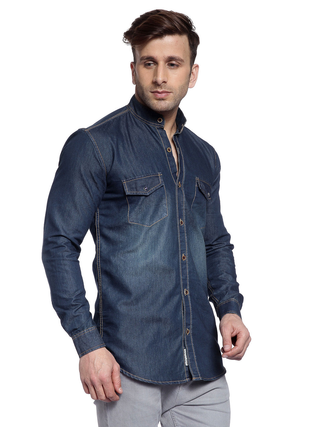 Hangup Men's Casual Solid Denim Shirt