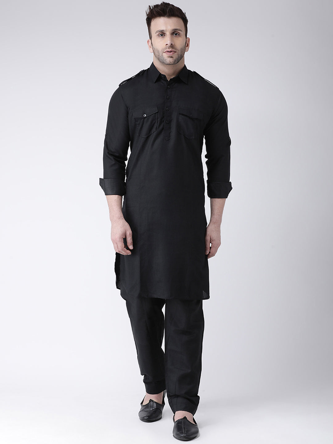 Hangup Men Partywear Black Pathani Set