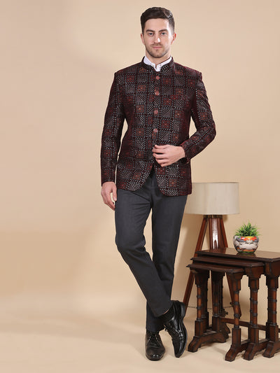 Hangup Men's  Velvet Embroidered Jodhpuri Blazer