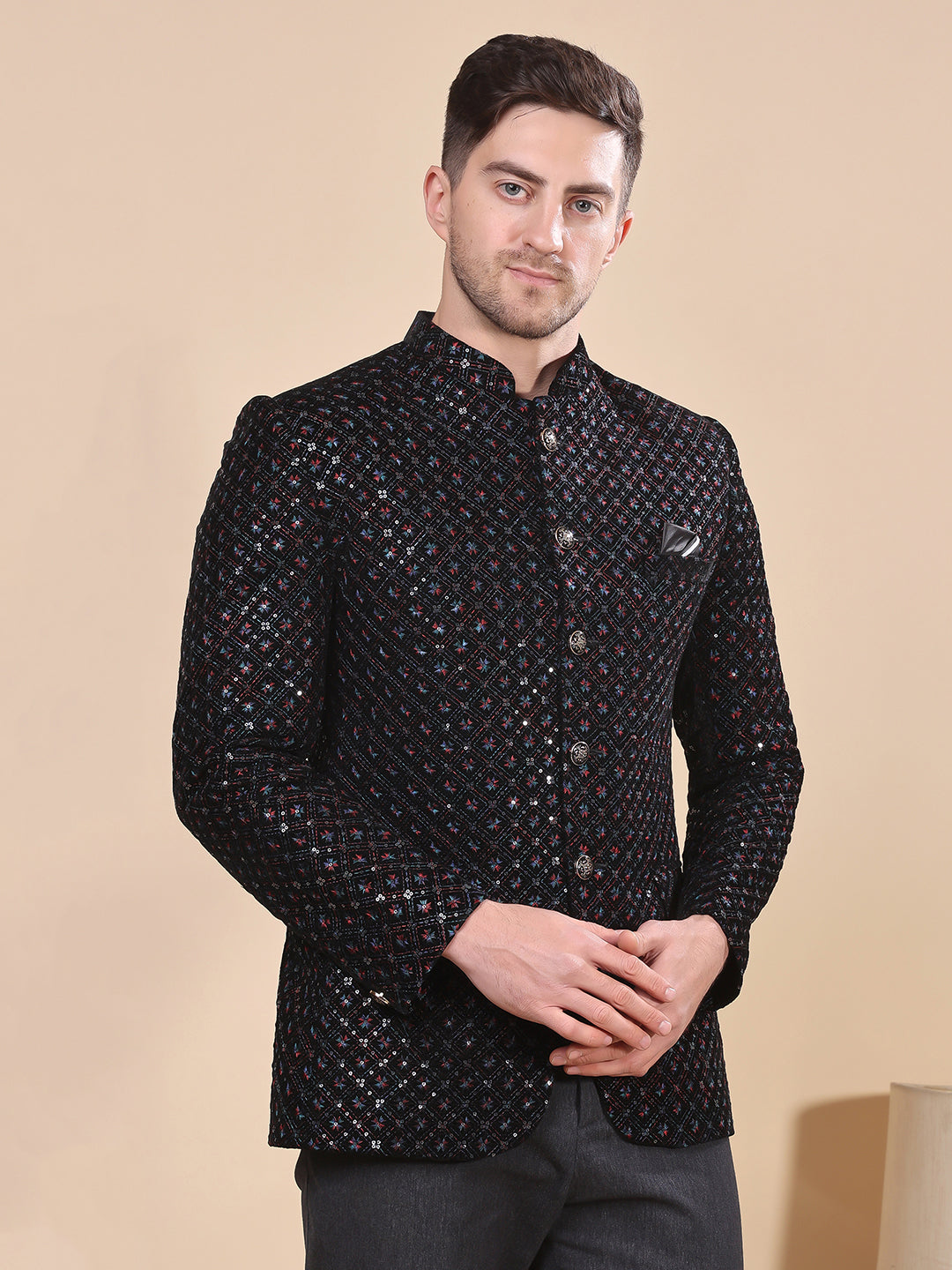 Hangup Men's  Velvet Embroidered Jodhpuri Blazer