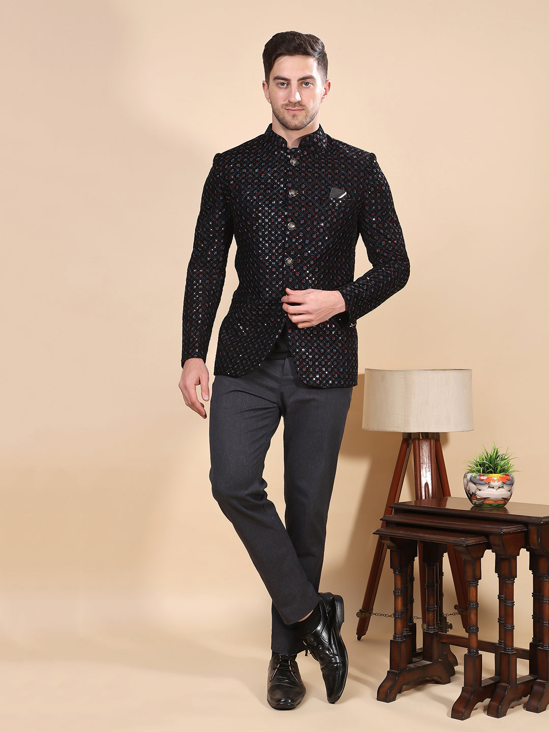 Hangup Men's  Velvet Embroidered Jodhpuri Blazer