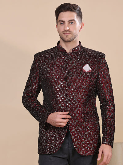 Hangup Men's  Velvet Embroidered Jodhpuri Blazer