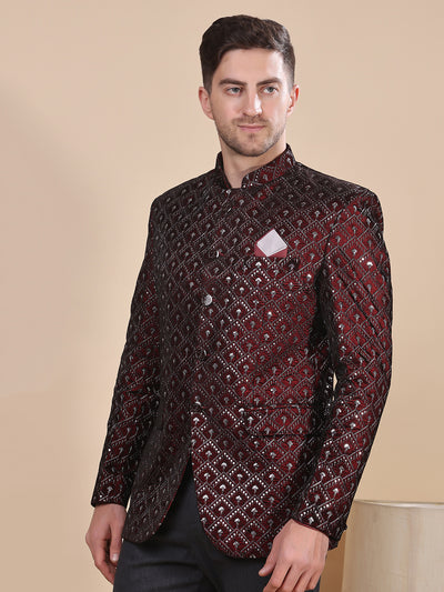 Hangup Men's  Velvet Embroidered Jodhpuri Blazer