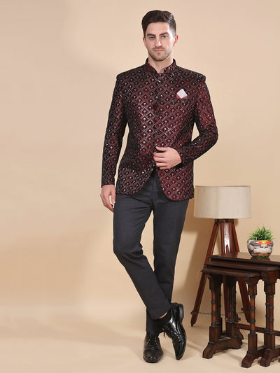 Hangup Men's  Velvet Embroidered Jodhpuri Blazer