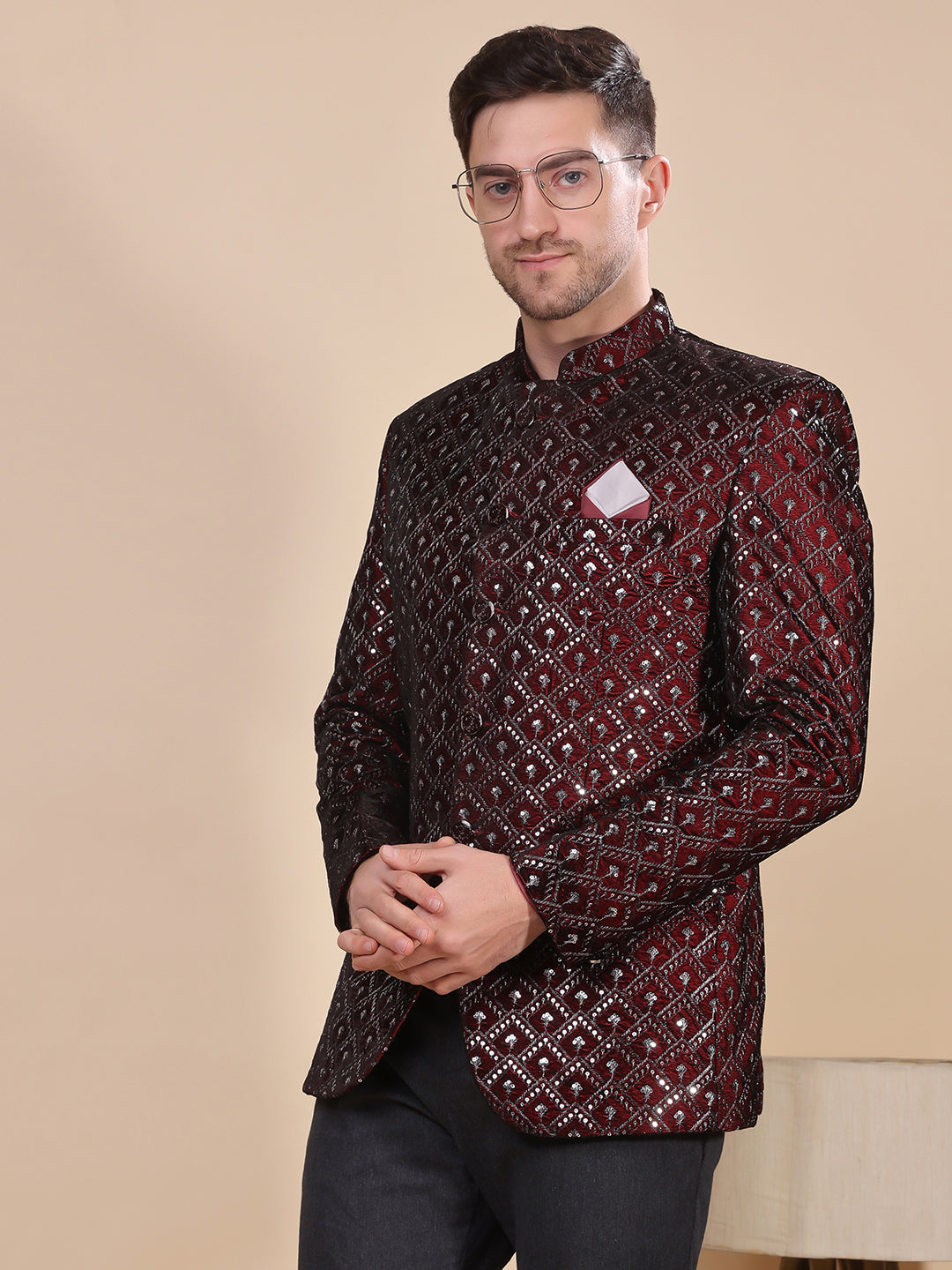 Hangup Men's  Velvet Embroidered Jodhpuri Blazer