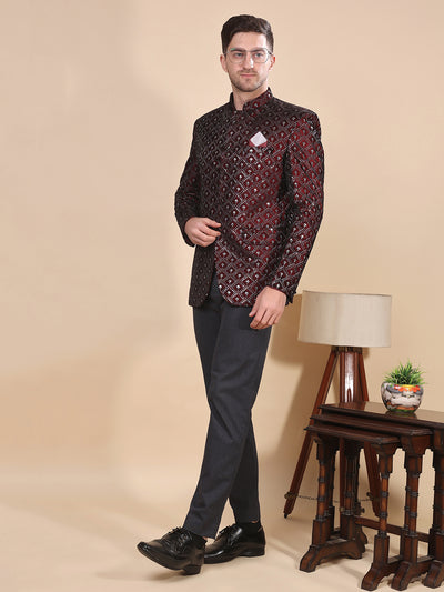 Hangup Men's  Velvet Embroidered Jodhpuri Blazer