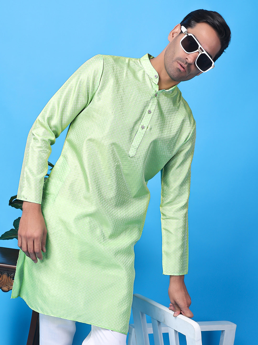 Hangup Men's Partywear Sea Green Kurta