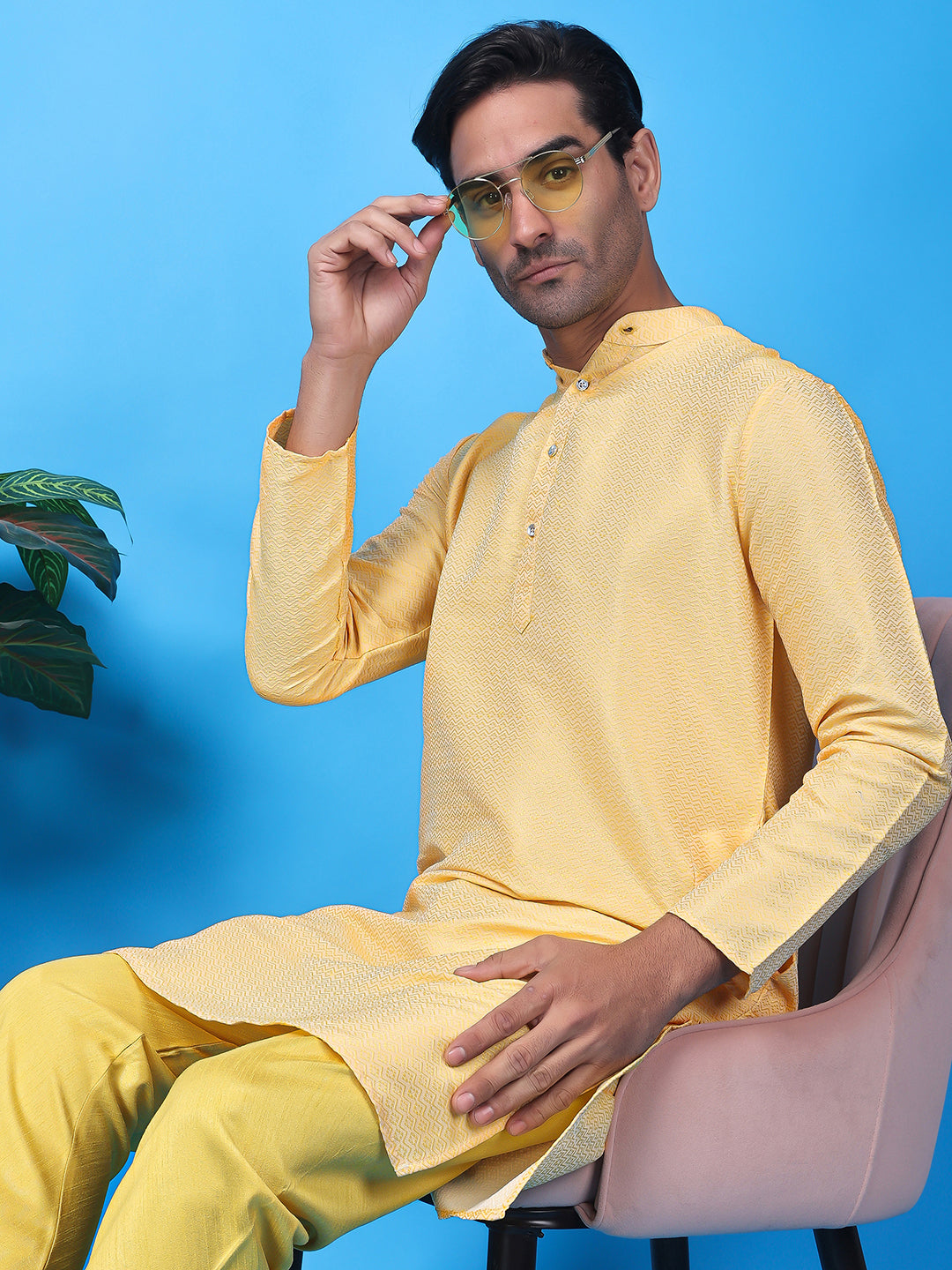 Hangup Men's Partywear Yellow Kurta