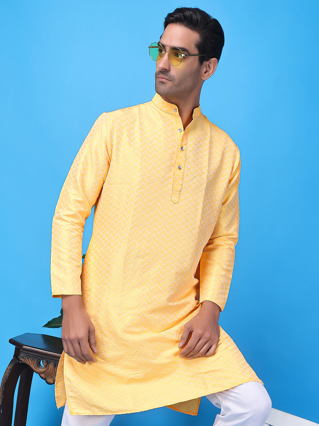 Hangup Men's Partywear Yellow Kurta