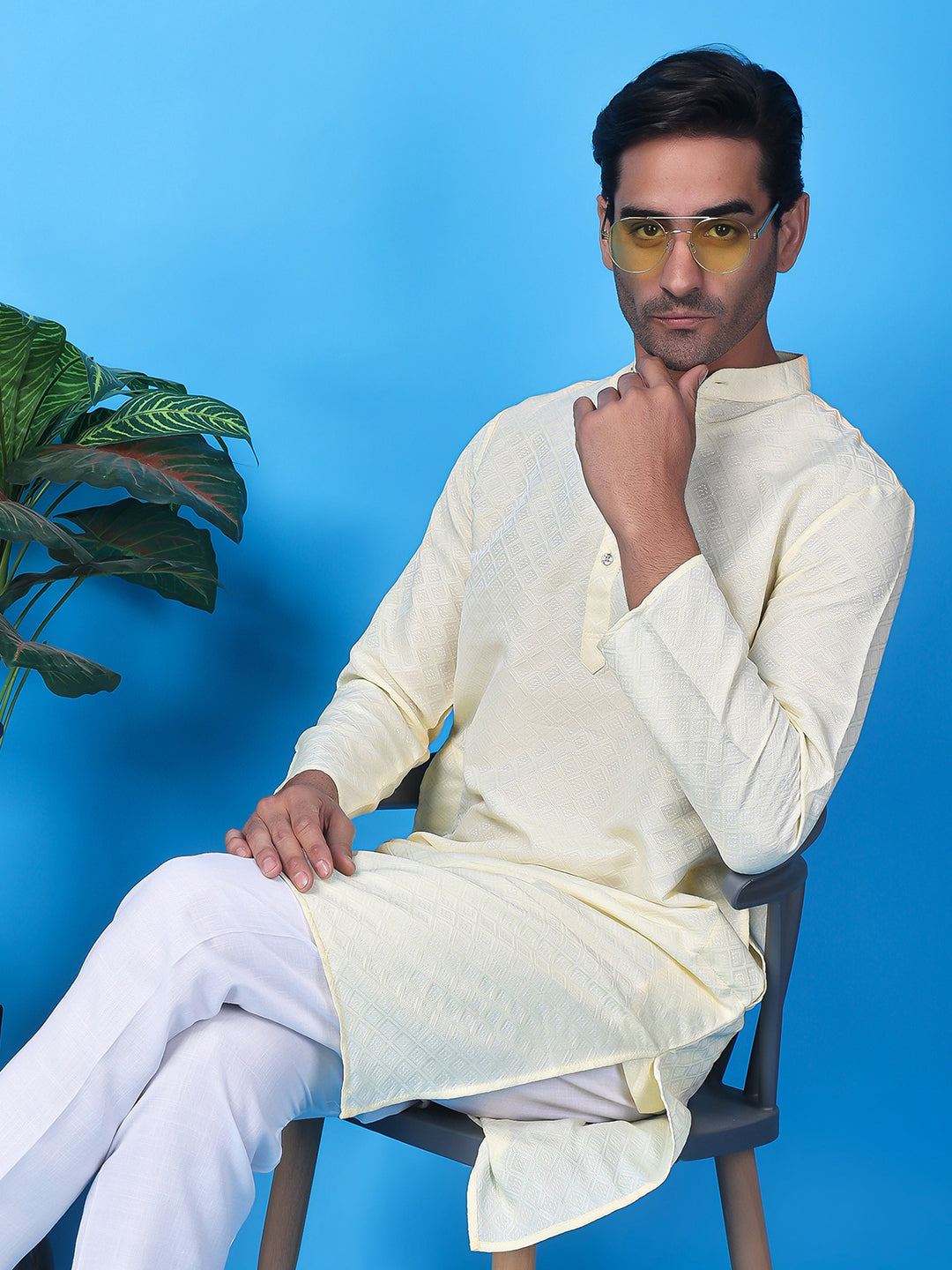 Hangup Men's Partywear Cream Kurta