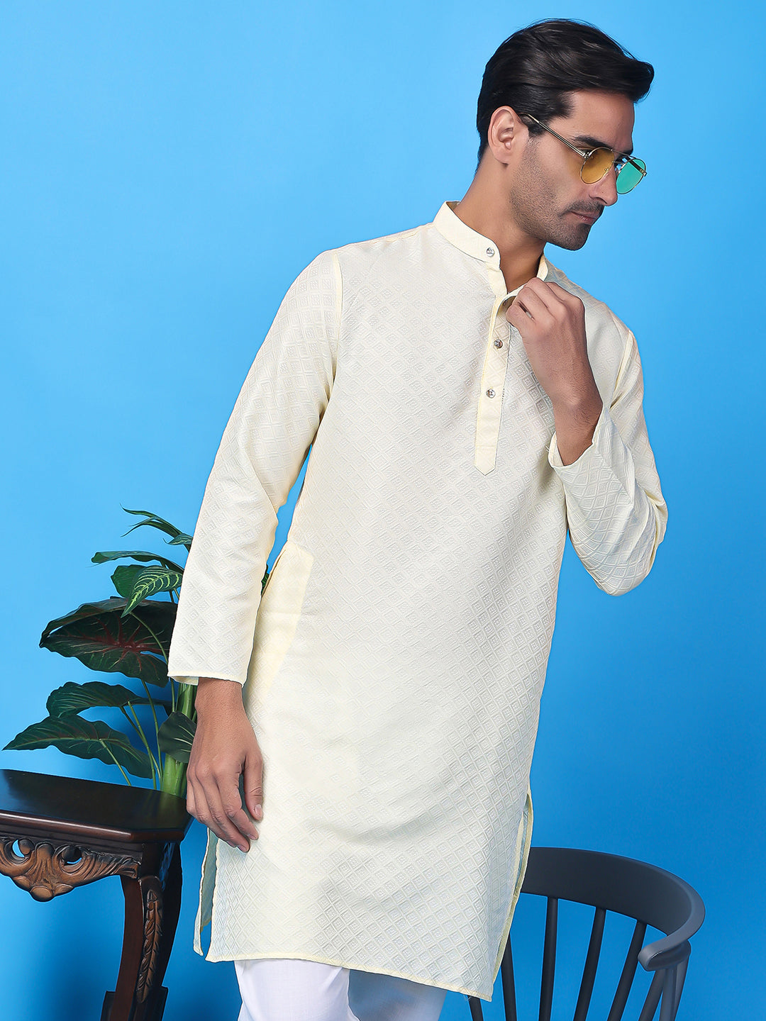 Hangup Men's Partywear Cream Kurta