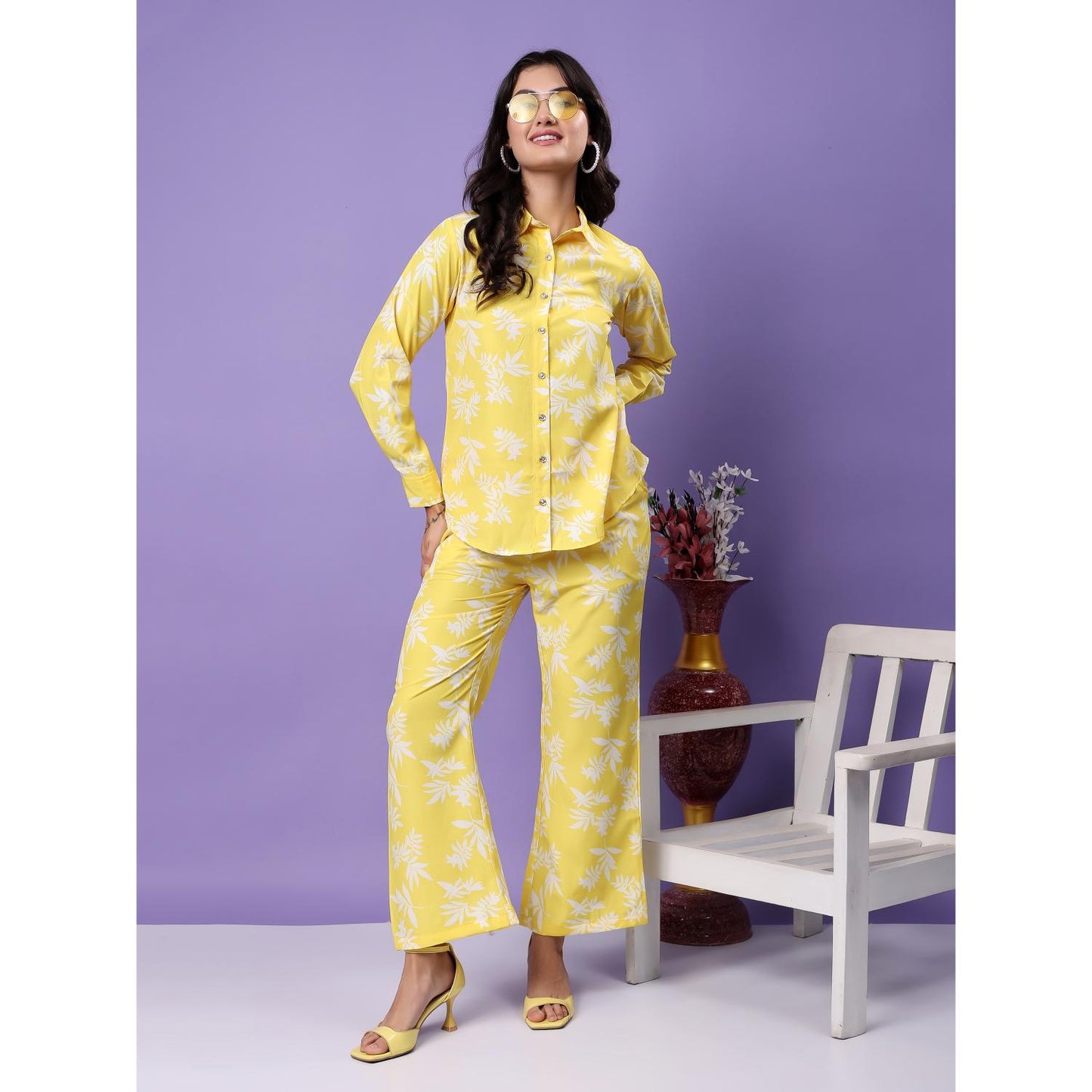 Hangup Women's Viscose Yellow Printed Cordset