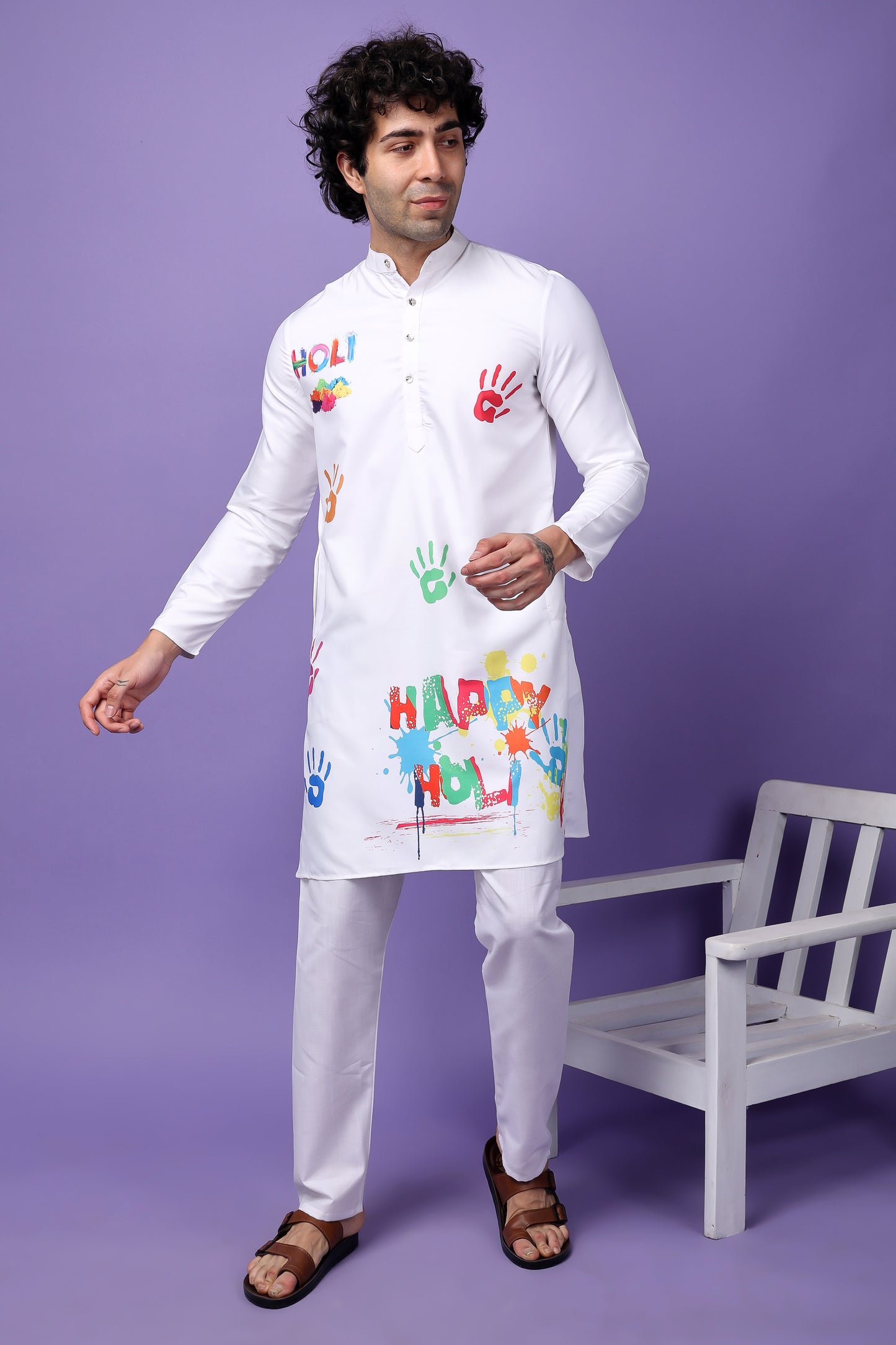 Hangup Men's Printed Holi Kurta with Pyjama Set