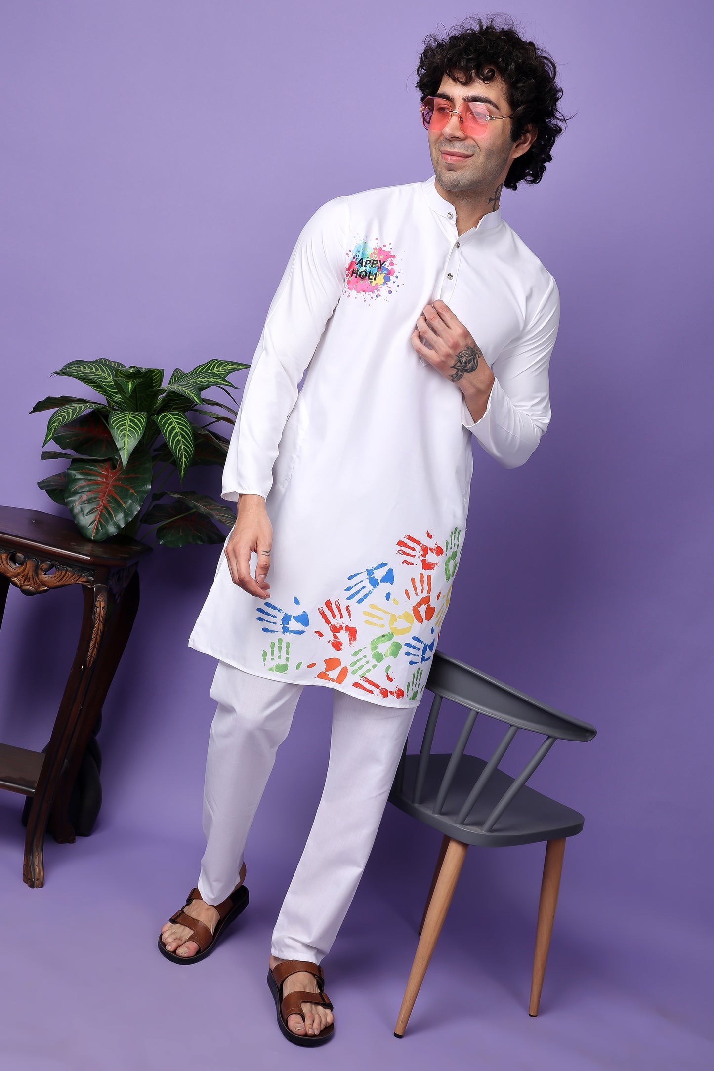 Hangup Men's Printed Holi Kurta with Pyjama Set