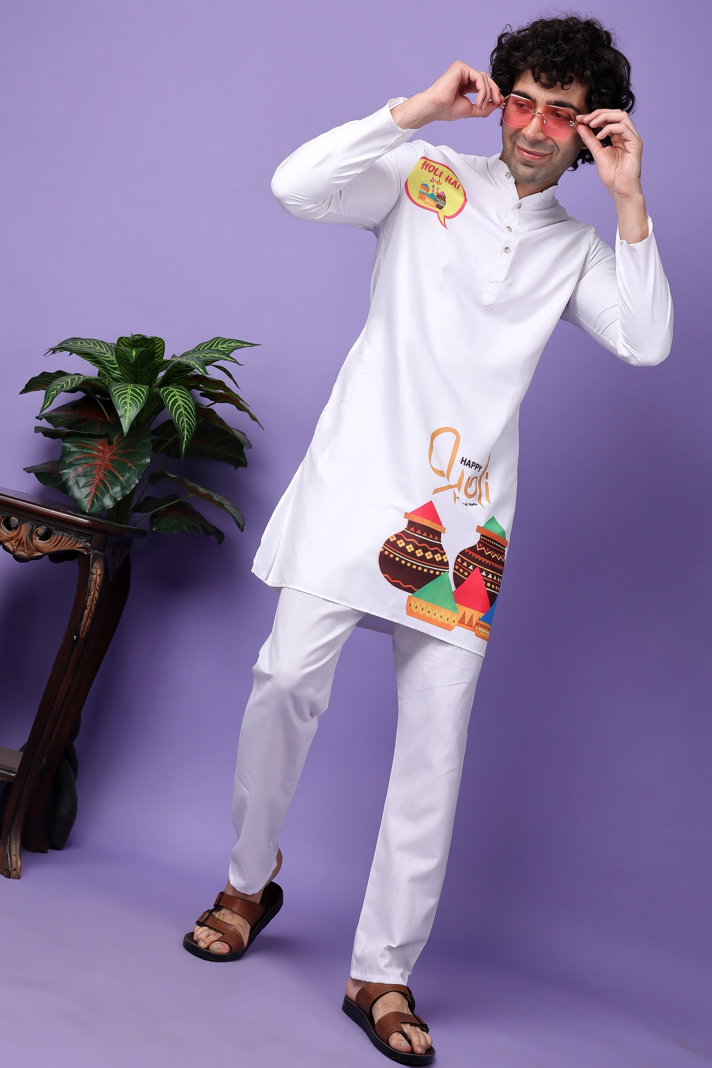 Hangup Men's Printed Holi Kurta with Pyjama Set