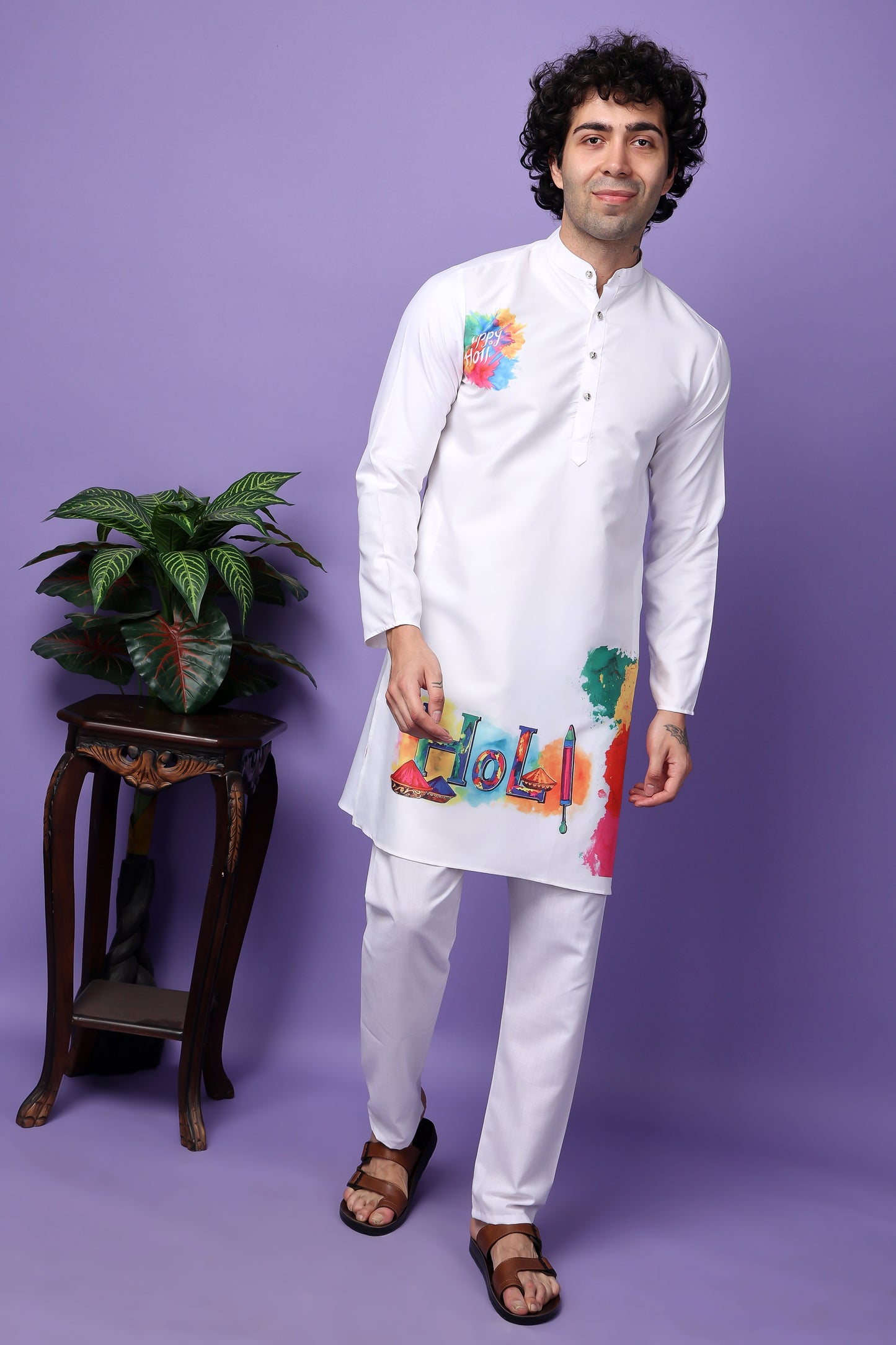 Hangup Men's Printed Holi Kurta with Pyjama Set