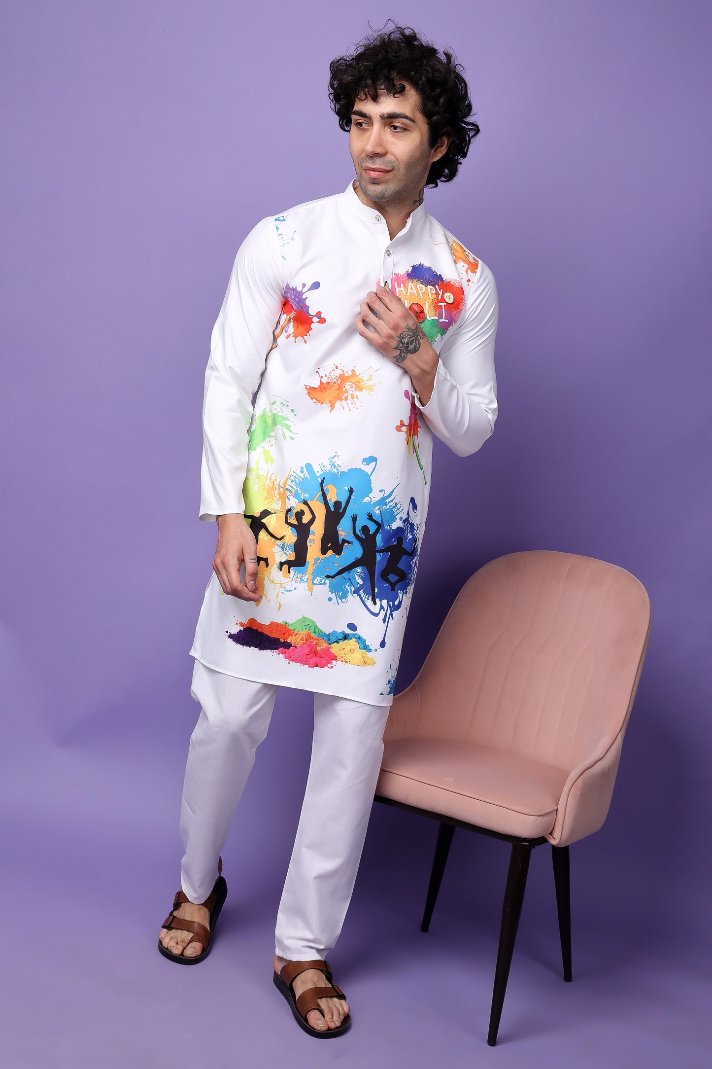 Hangup Men's Printed Holi Kurta Only