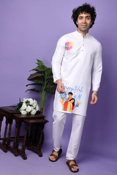 Hangup Men's Printed Holi Kurta with Pyjama Set