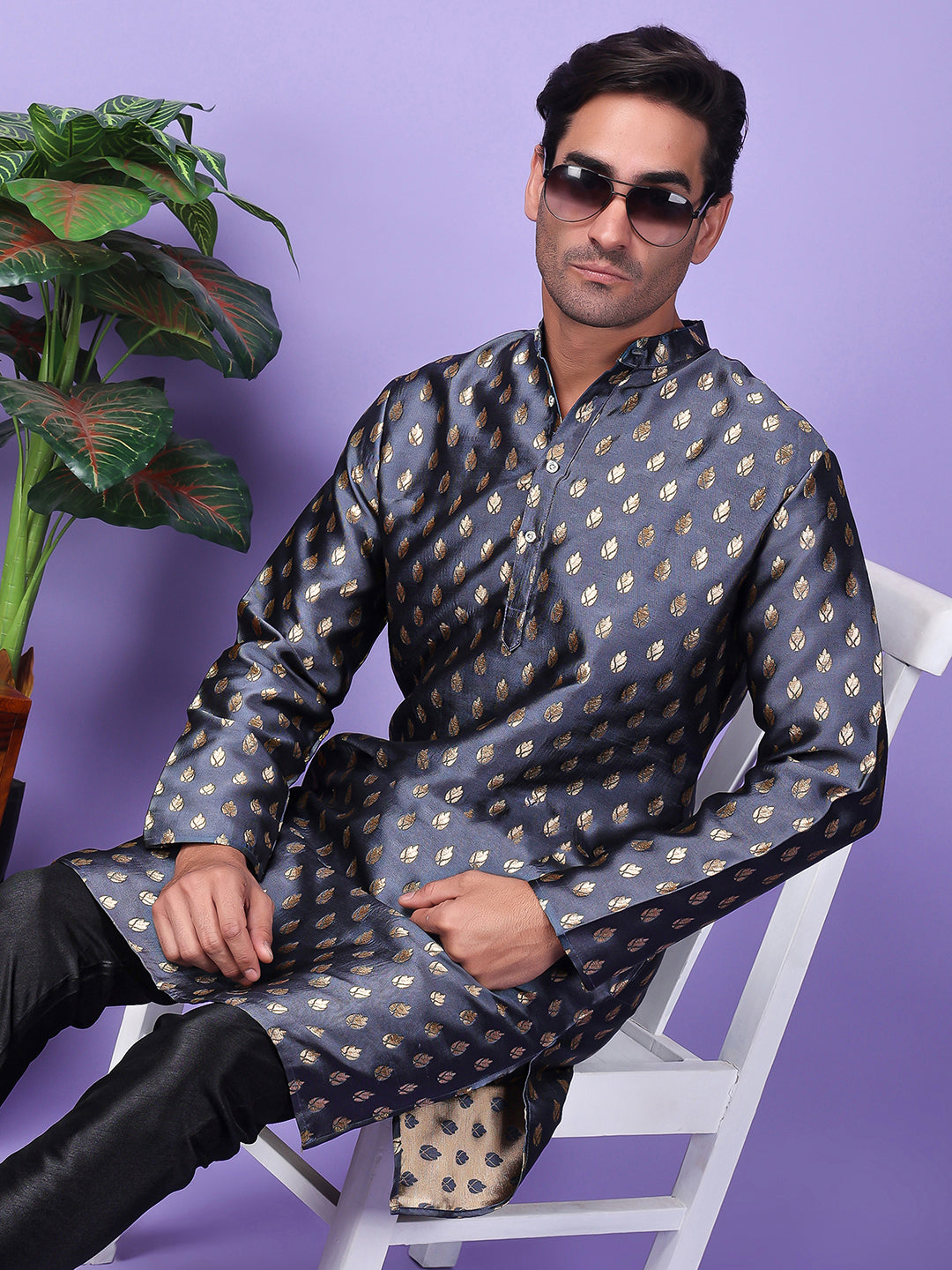 Hangup Men's Partywear DarkGrey Kurta