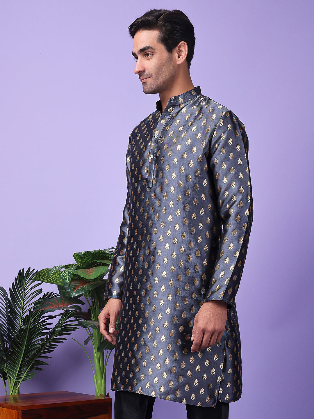 Hangup Men's Partywear DarkGrey Kurta