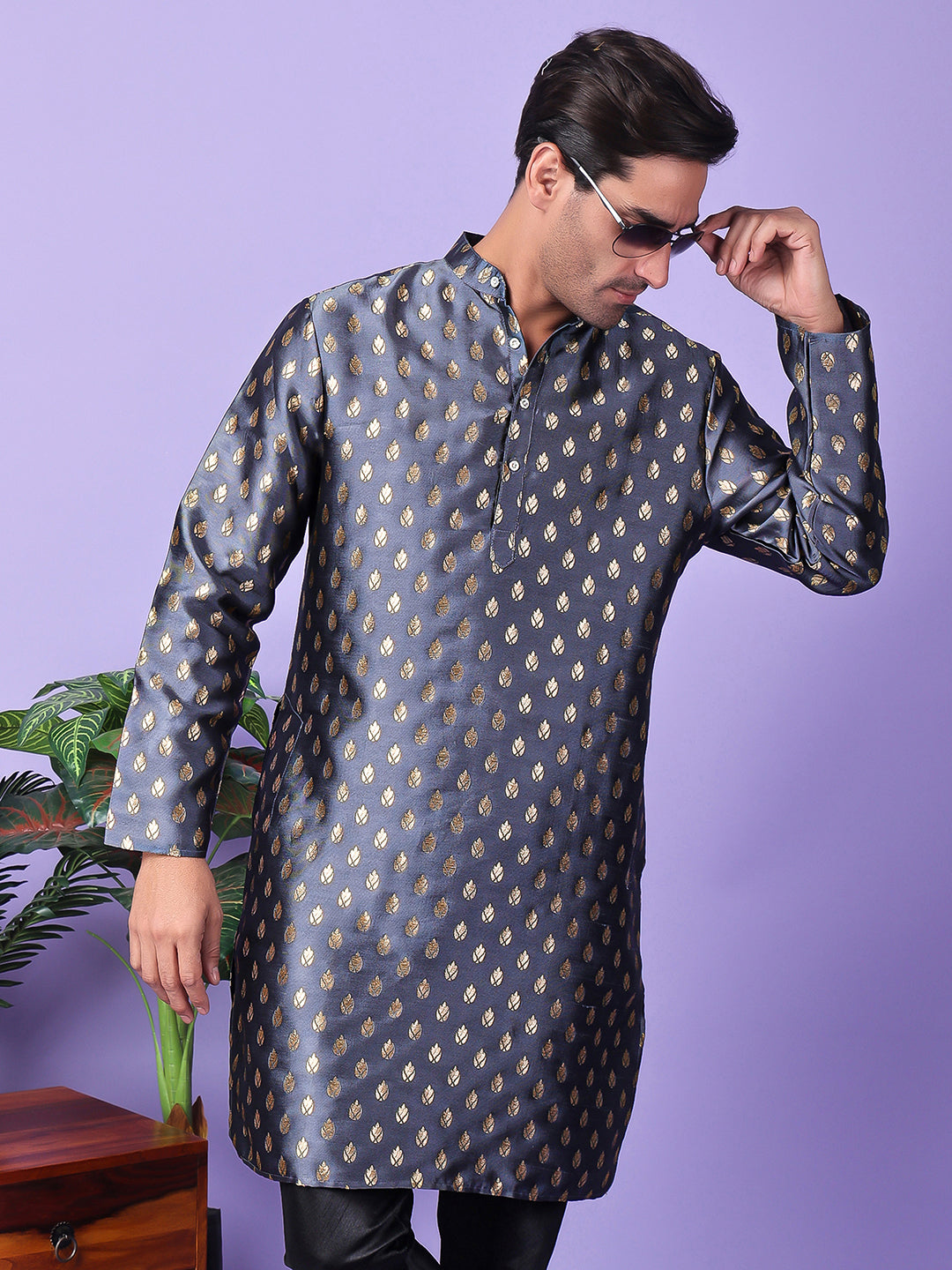 Hangup Men's Partywear DarkGrey Kurta