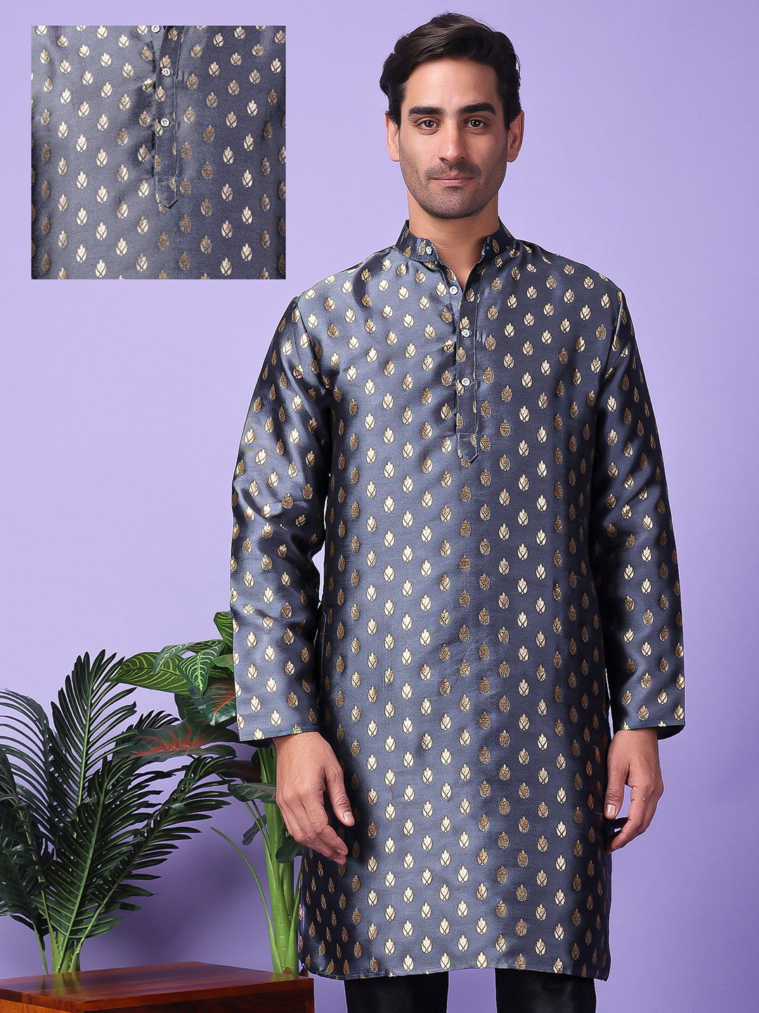 Hangup Men's Partywear DarkGrey Kurta