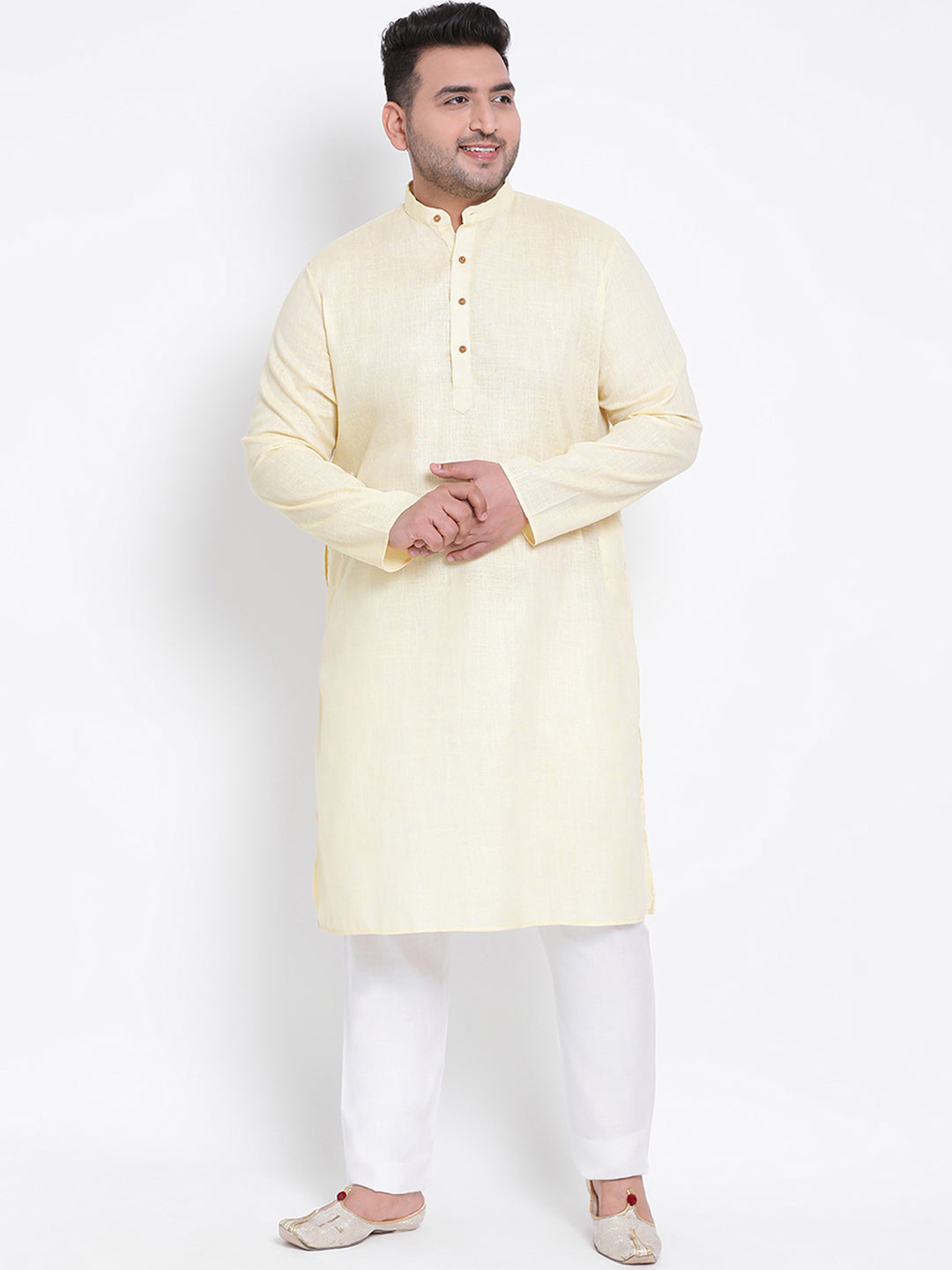 Hangup Men Partywear Yellow White Kurta Pyjama