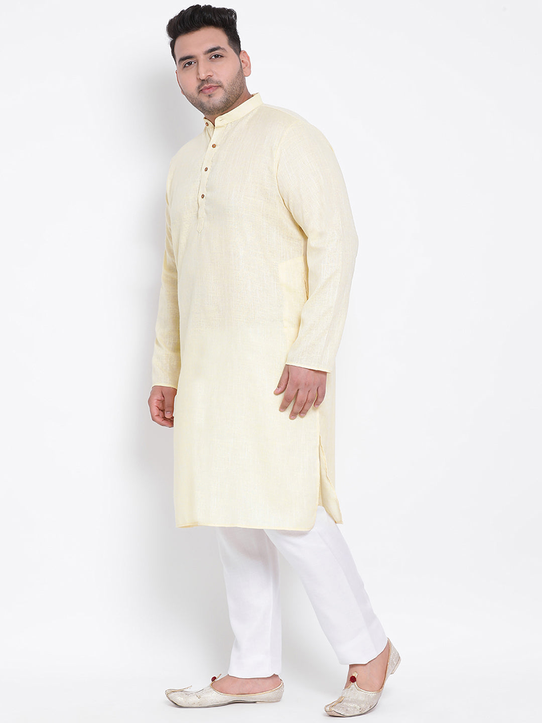 Hangup Men Partywear Yellow White Kurta Pyjama