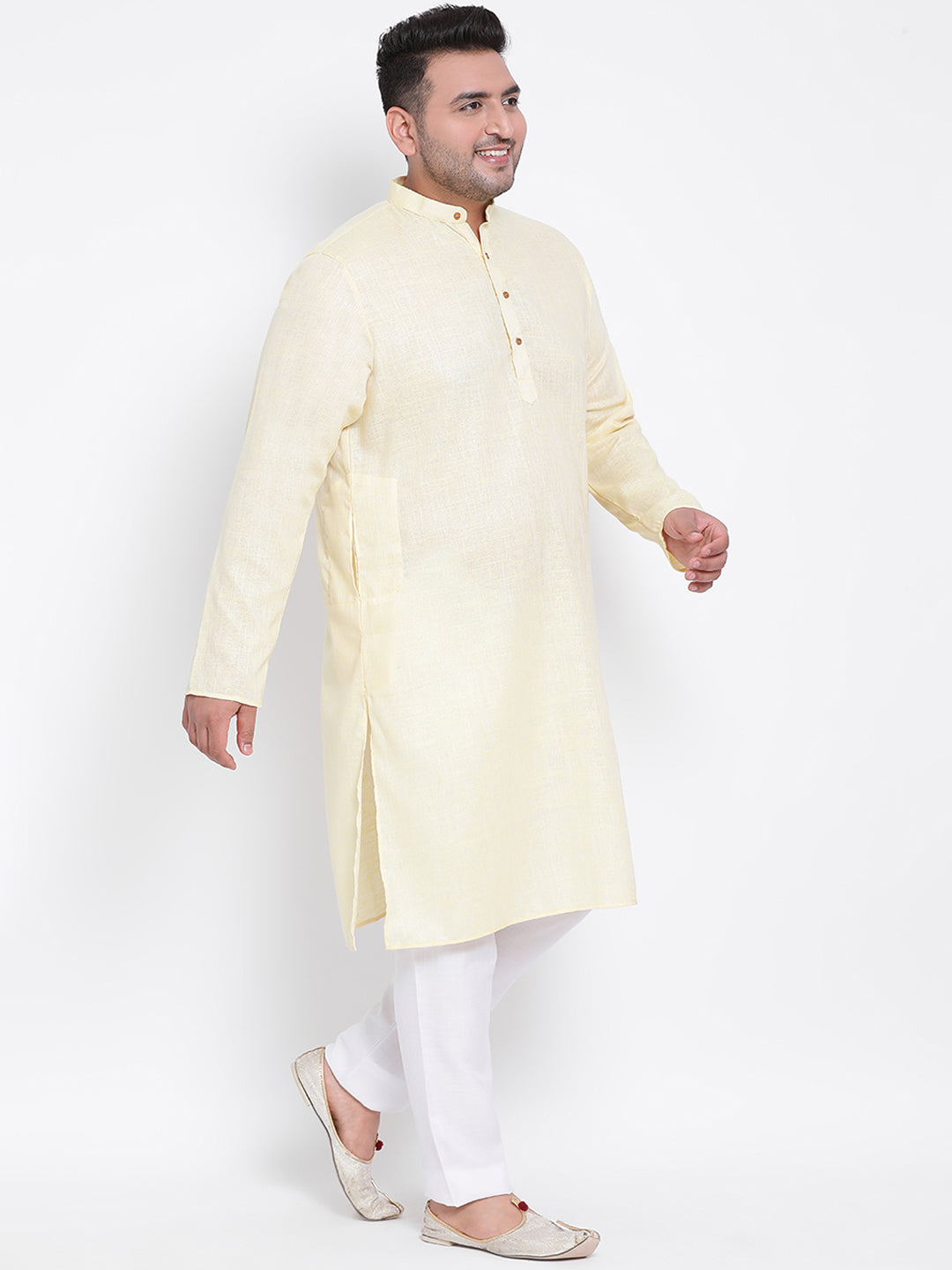 Hangup Men Partywear Yellow White Kurta Pyjama