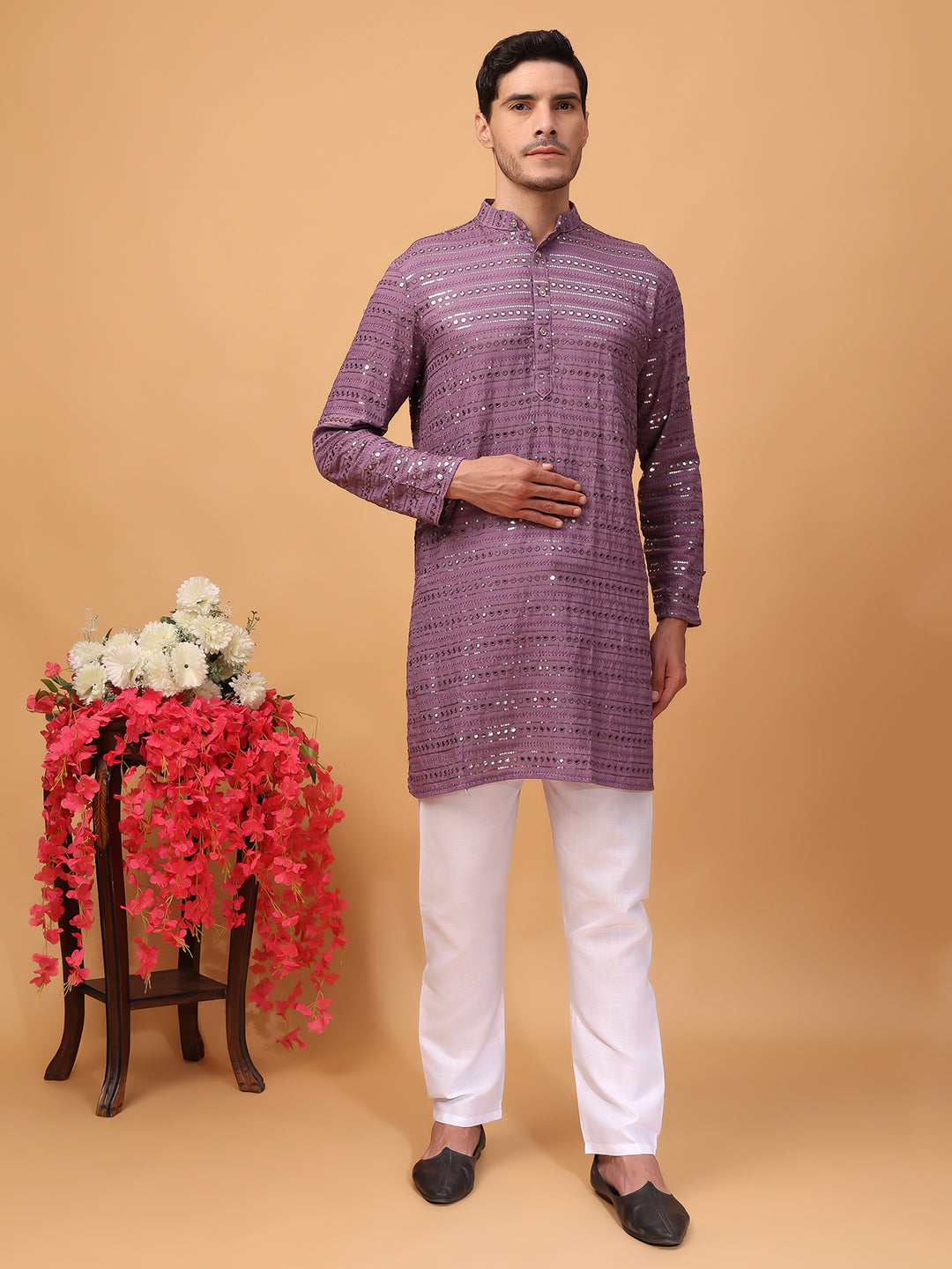 Hangup Men Partywear Embroidered  Purple Kurta pyjama set