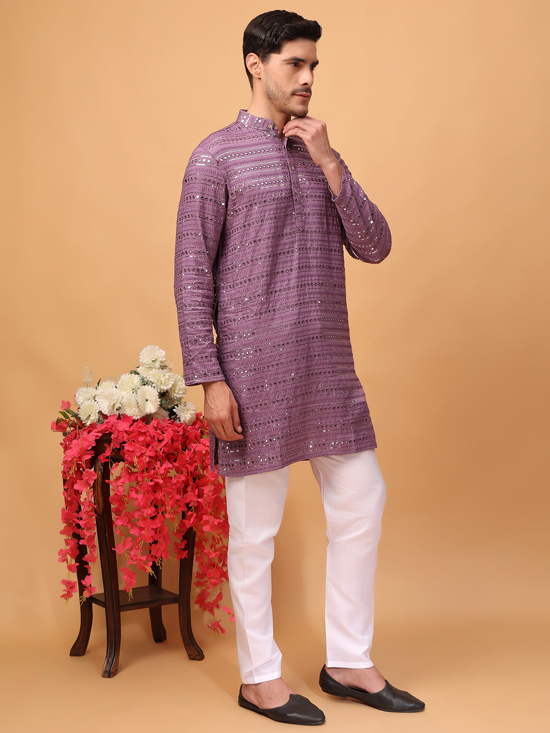 Hangup Men Partywear Embroidered  Purple Kurta pyjama set