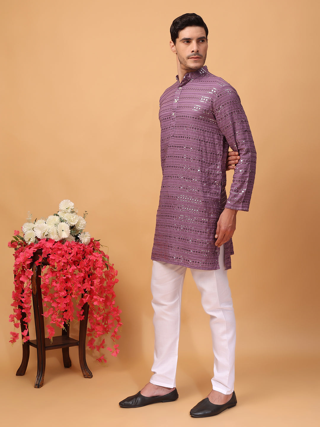 Hangup Men Partywear Embroidered  Purple Kurta pyjama set