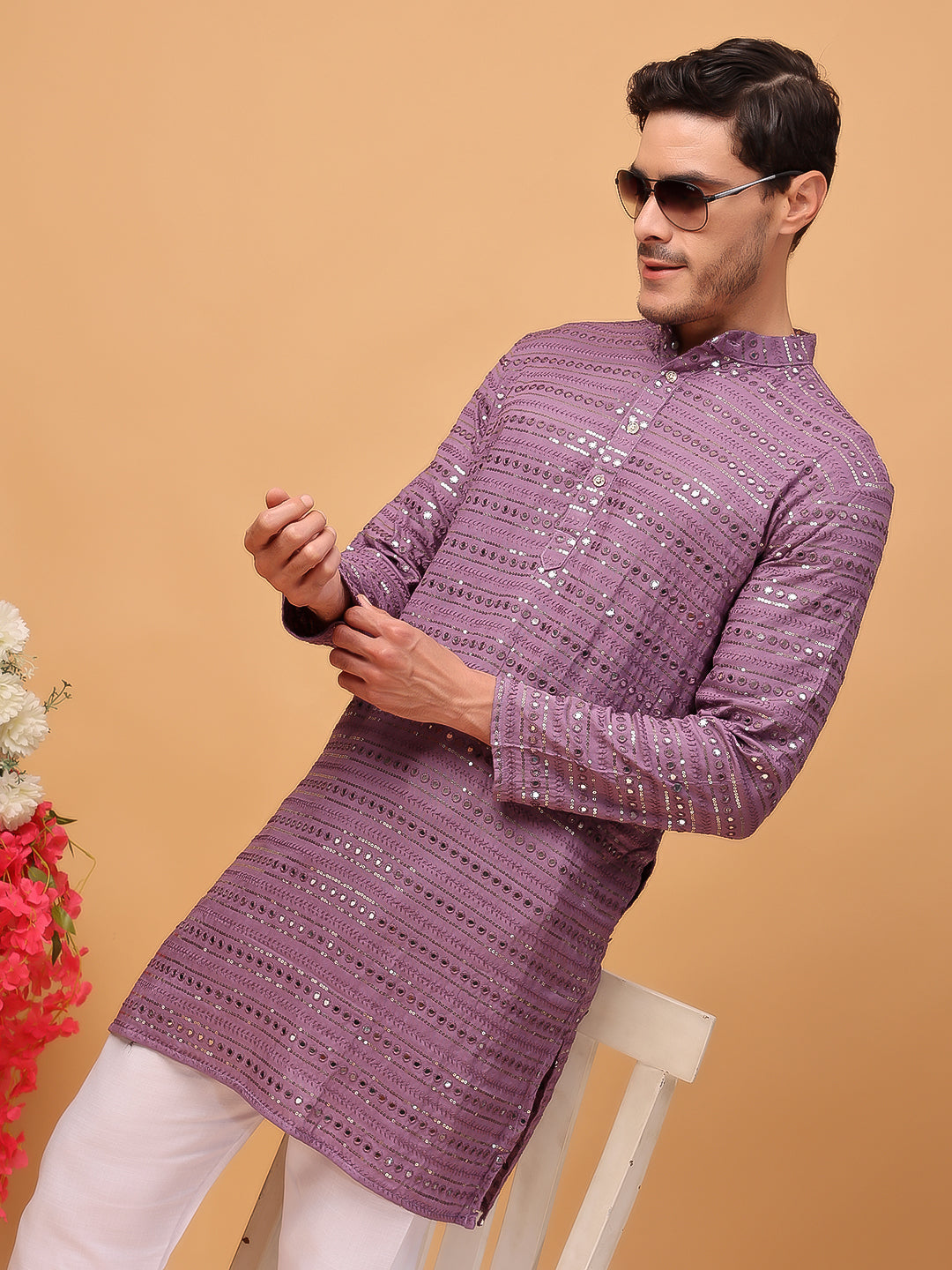 Hangup Men Partywear Embroidered  Purple Kurta pyjama set