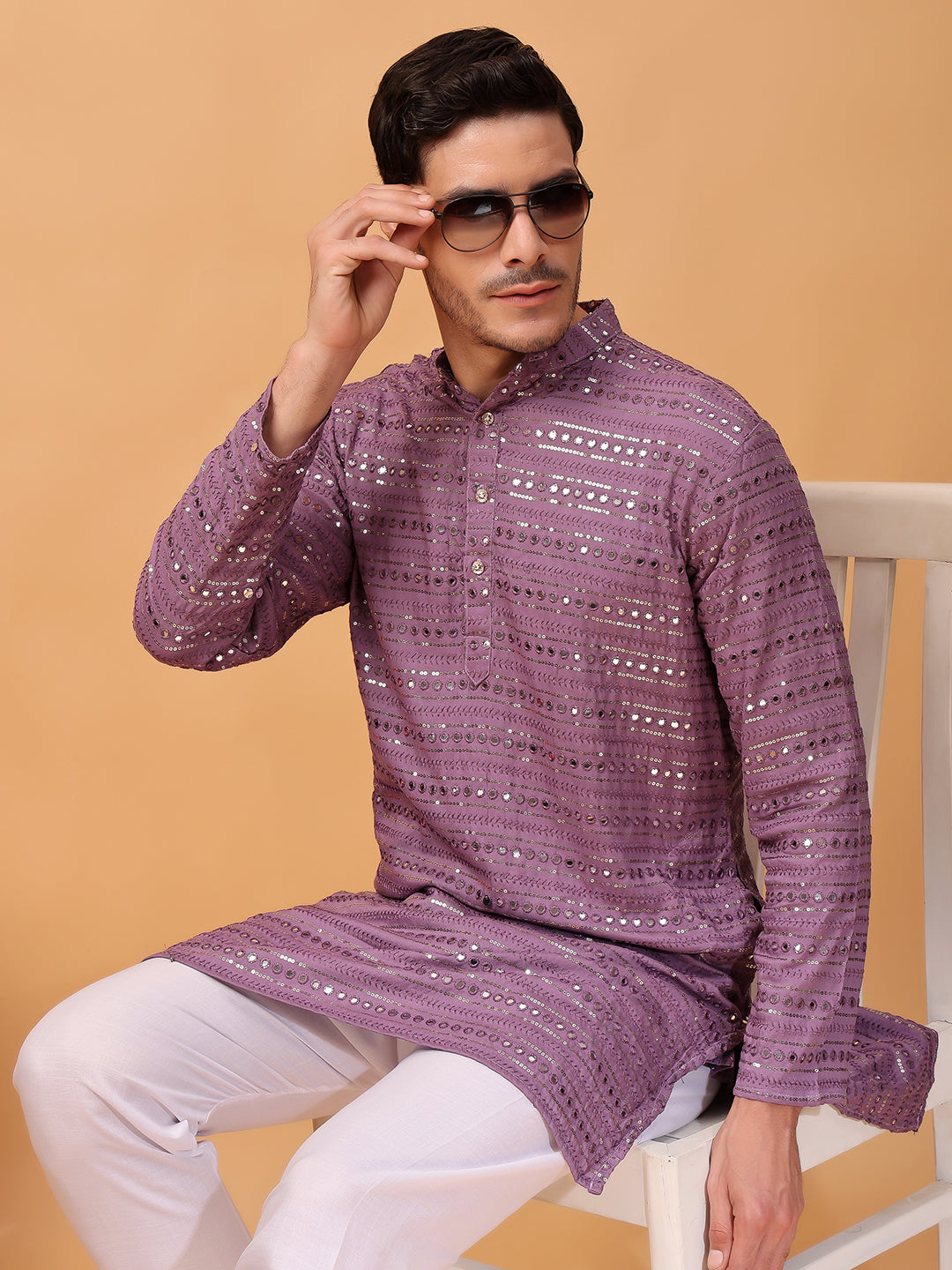 Hangup Men Partywear Embroidered  Purple Kurta pyjama set