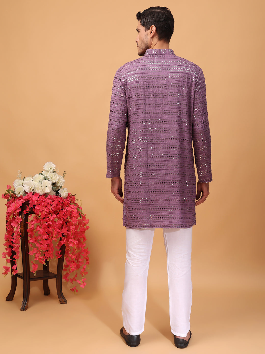 Hangup Men Partywear Embroidered  Purple Kurta pyjama set