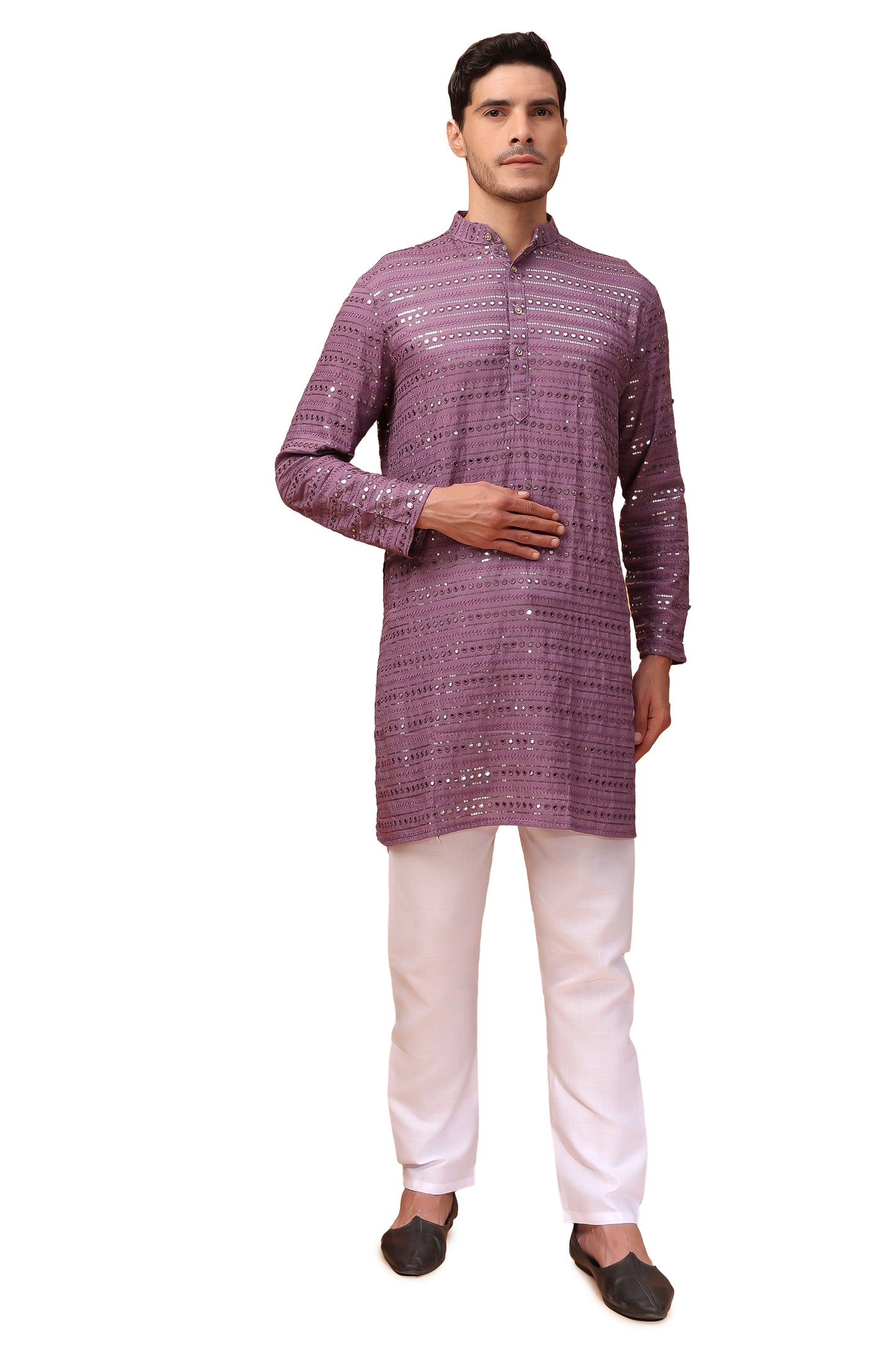 Hangup Men Partywear Embroidered  Purple Kurta pyjama set