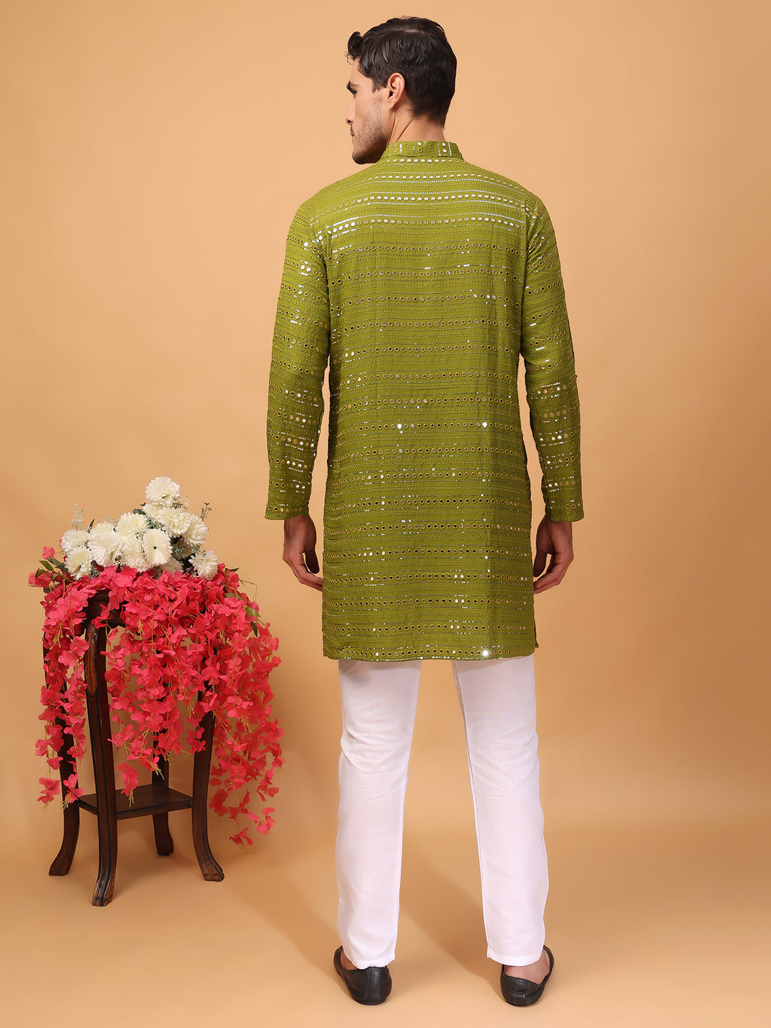 Hangup Men Partywear Embroidered  Green Kurta pyjama set