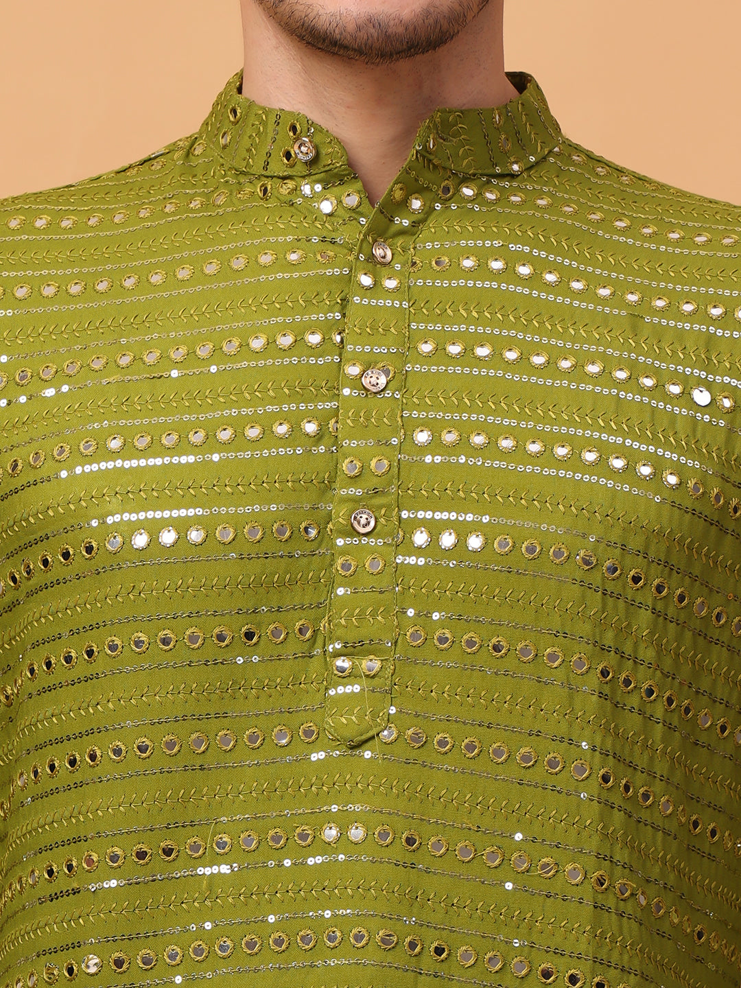 Hangup Men Partywear Embroidered  Green Kurta pyjama set