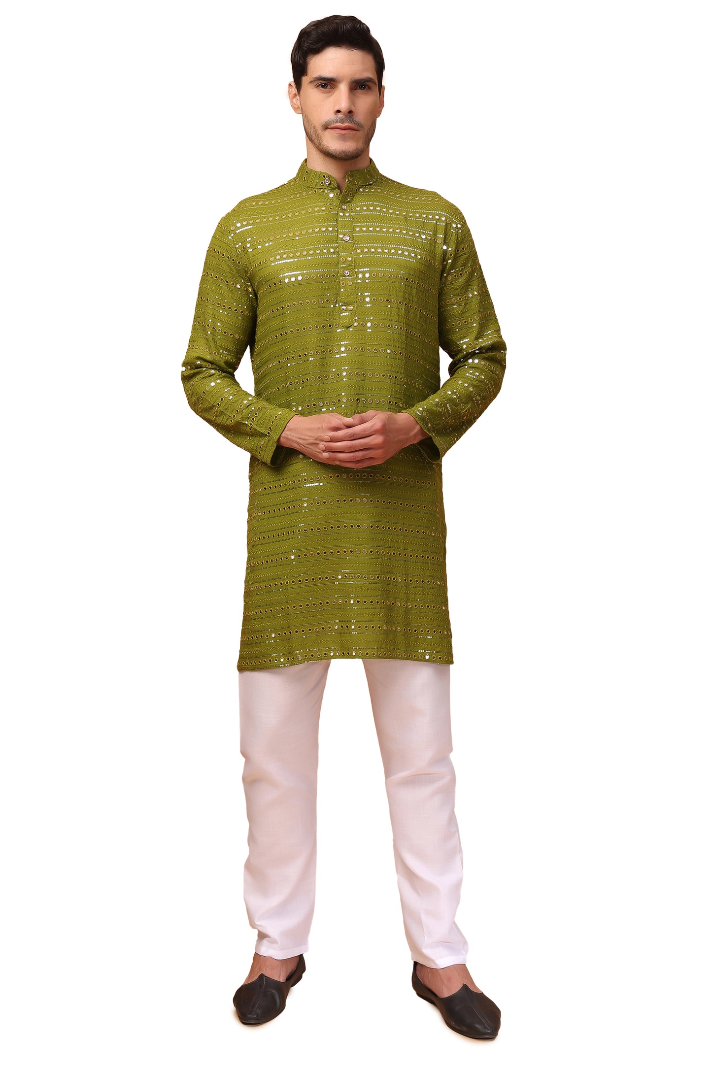 Hangup Men Partywear Embroidered  Green Kurta pyjama set