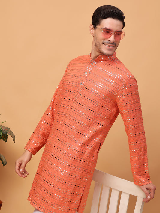 Hangup Men Partywear Embroidered  Orange  Kurta pyjama set