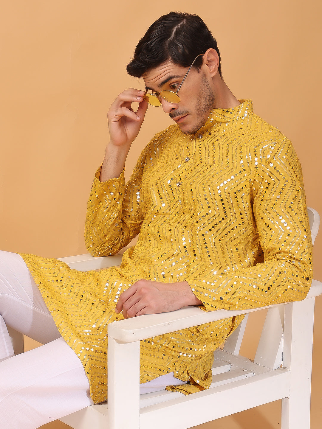 Hangup Mens Partywear Yellow  Kurta