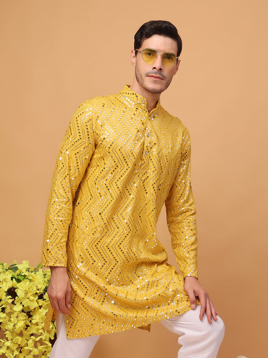 Hangup Men Partywear Embroidered  Yellow   Kurta pyjama set