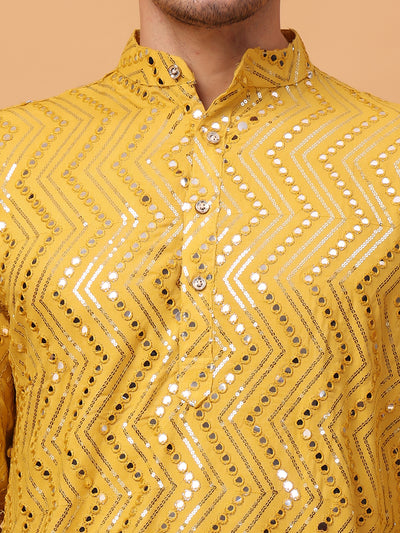 Hangup Men Partywear Embroidered  Yellow   Kurta pyjama set