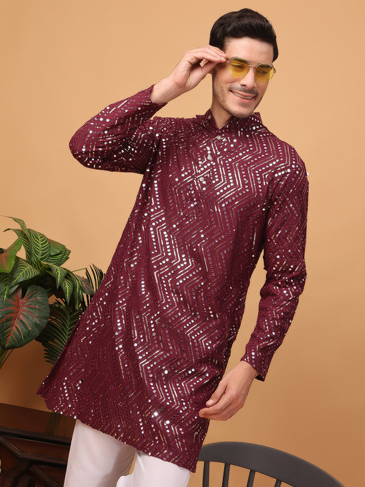 Hangup Men Partywear Embroidered  Dark purple   Kurta pyjama set