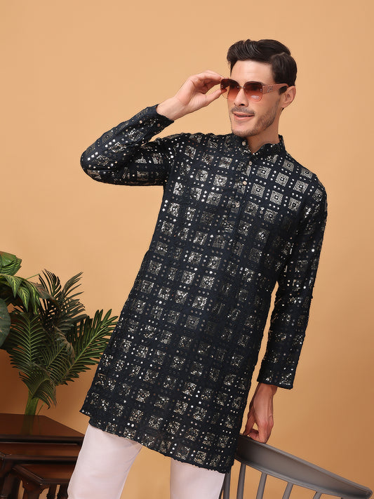 Hangup Men Partywear Embroidered  Black  Kurta pyjama set