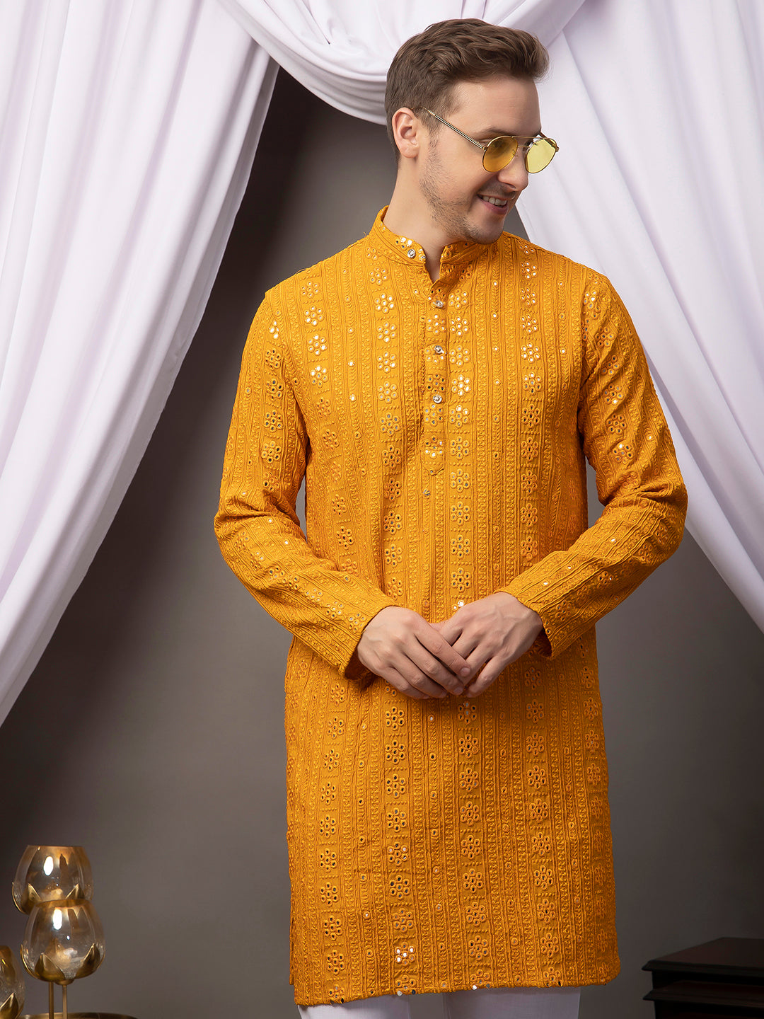 Hangup Men Partywear Mustard Kurta