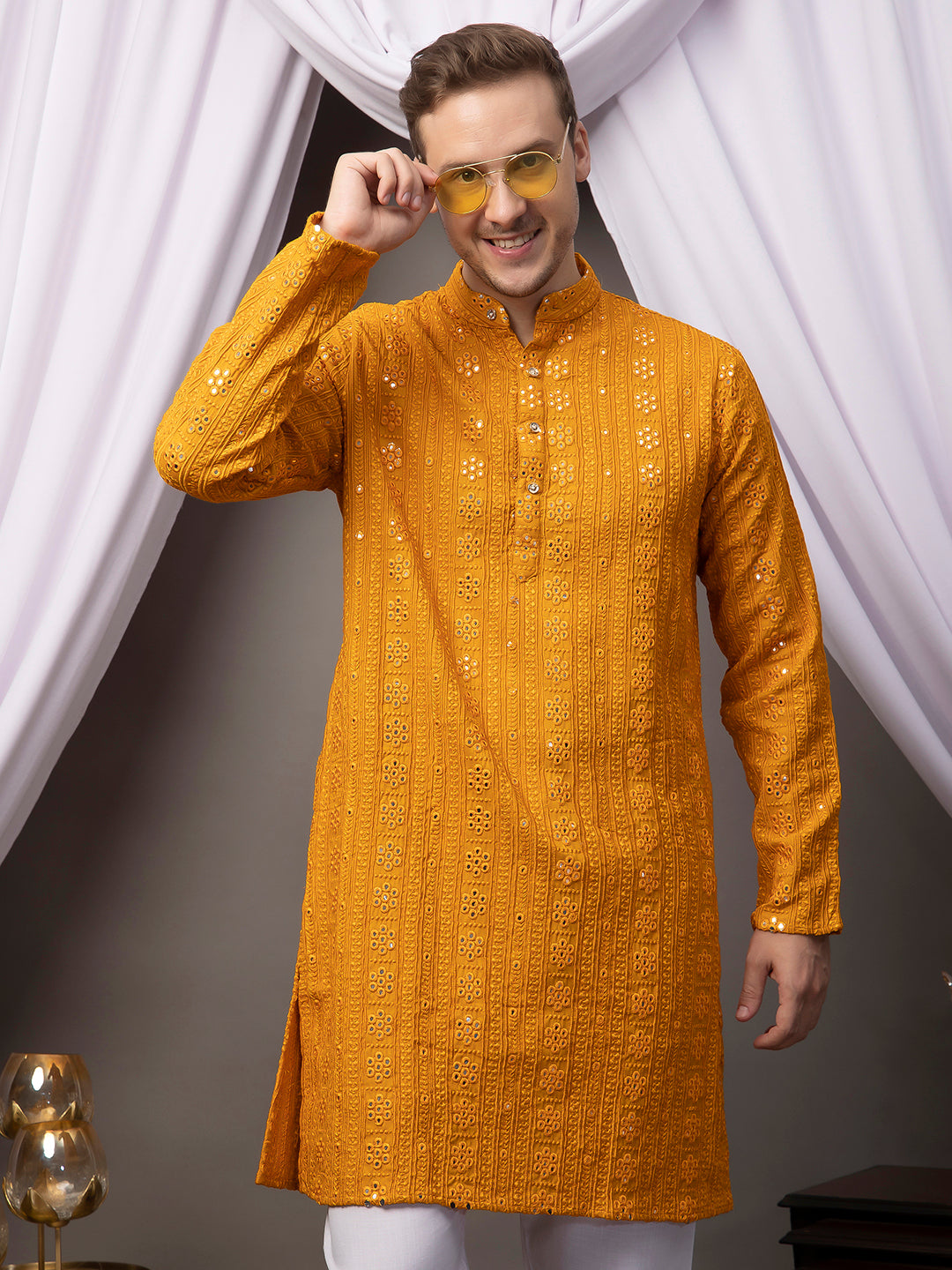 Hangup Men Partywear Mustard Kurta