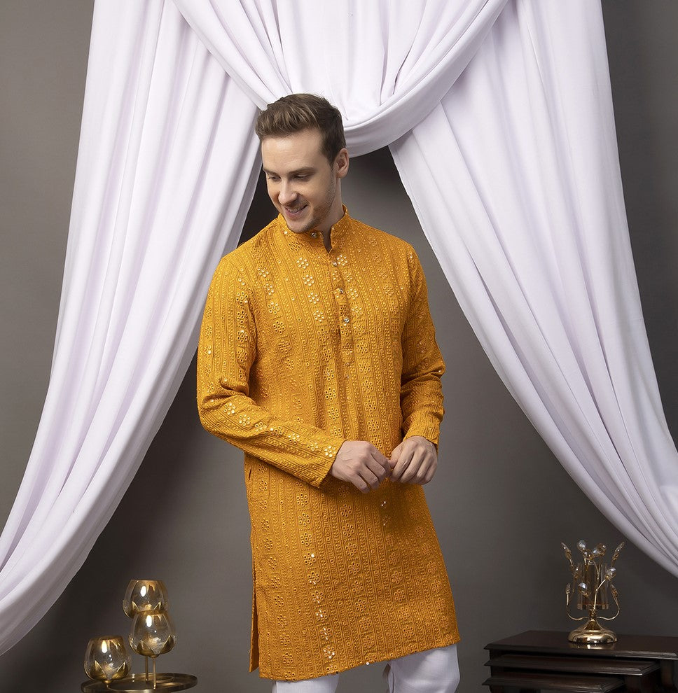 Hangup Men Partywear Mustard Kurta